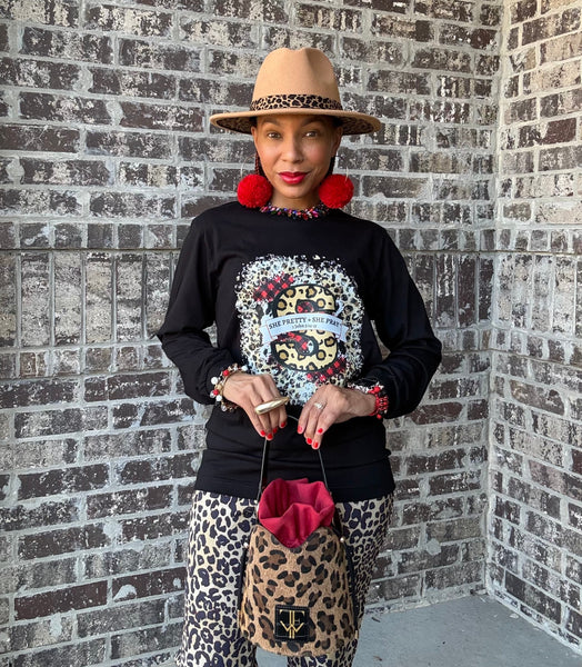🐆Pre-Order Black & Leopard She Pretty+She Pray®️Holiday T-Shirt (Dec 2nd last day to order-Ships in Dec)