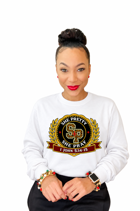 PREORDER October 1-9: White She Pretty + She Pray®️ Kingdom Collegiate Sweatshirt *Estimated Shipping: Late October