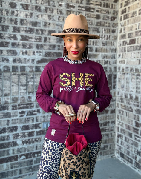 🐆Pre-Order Leopard & Maroon She Pretty+She Pray®️Holiday T-Shirt (Dec 2nd last day to order-Ships in Dec)