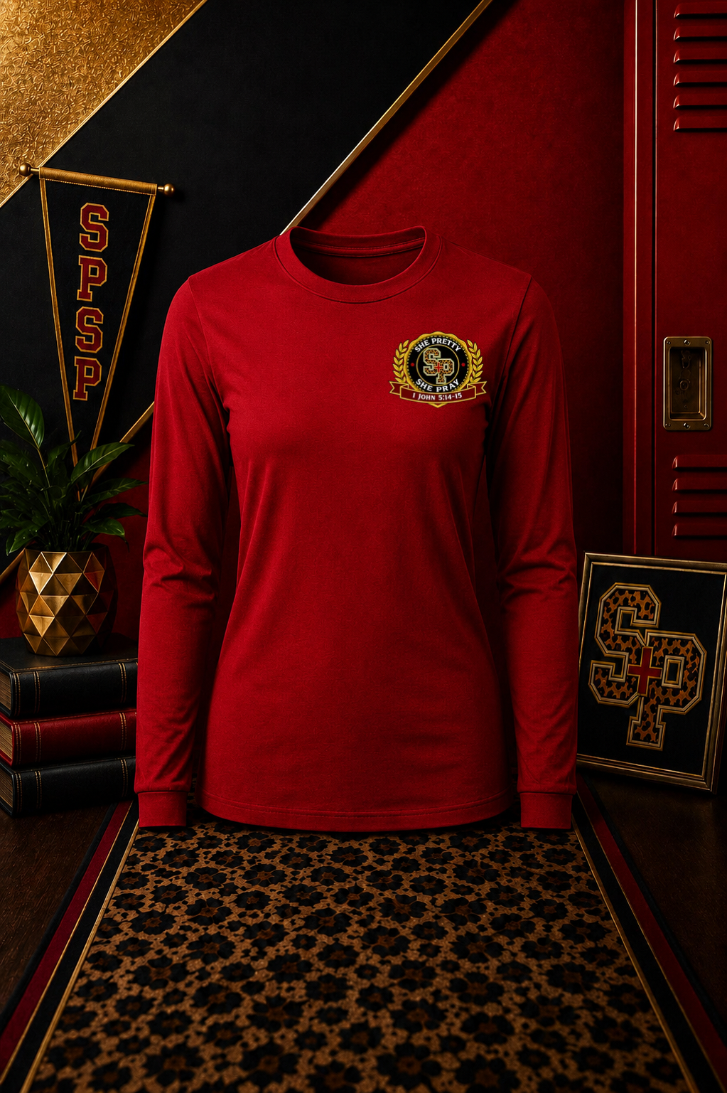 PREORDER September 2-10: Red She Pretty + She Pray®️ Kingdom Collegiate Long Sleeve T-Shirt *Estimated Shipping: Late September*