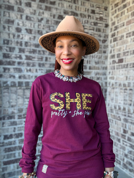 🐆Pre-Order Leopard & Maroon She Pretty+She Pray®️Holiday T-Shirt (Dec 2nd last day to order-Ships in Dec)
