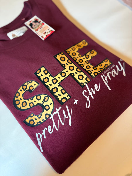 🐆Pre-Order Leopard & Maroon She Pretty+She Pray®️Holiday T-Shirt (Dec 2nd last day to order-Ships in Dec)