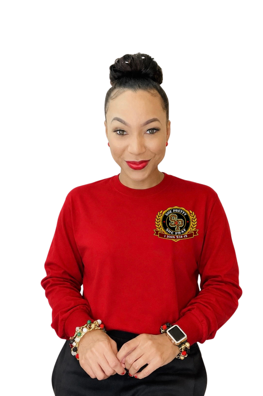 PREORDER September 2-10: Red She Pretty + She Pray®️ Kingdom Collegiate Long Sleeve T-Shirt *Estimated Shipping: Late September*